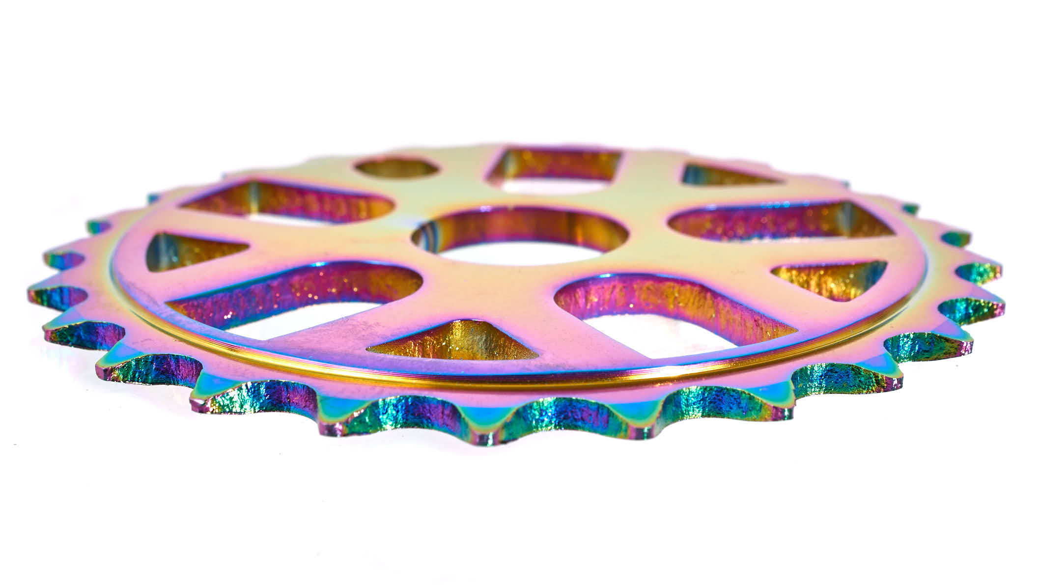 CNC gefertigtes Kettenblatt in Oil Slick von der Seite