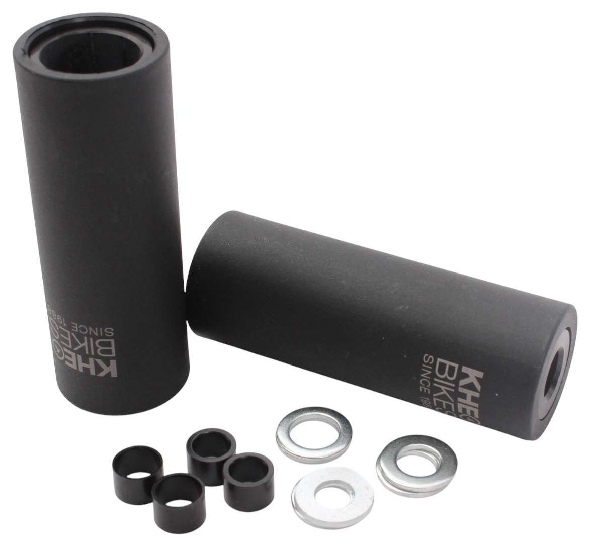 BMX Pegs KHE 2ND PRO PAAR, passend für 10 mm, 12 mm und 14 mm Achsen, inkl. Adapter und U-Scheiben, Länge 110 mm, Durchmesser 40 mm, Aluminiumkern mit Polycarbonat-Hülle, Gewicht 298 g (Paar), Farbe Schwarz, KHE Laser Logo, Einsatzbereich Grinds, BMX Free